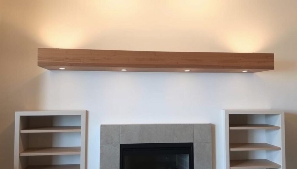 A custom floating mantel suspended elegantly above a fireplace, illuminated by soft, warm lighting that casts a cozy glow. The mantel's sleek, modern design features clean lines and a smooth, natural wood finish that blends seamlessly with the surrounding decor. The mantel appears to float effortlessly, its hidden brackets lending an illusion of weightlessness. In the foreground, the fireplace is flanked by minimalist built-in shelves, creating a harmonious, visually-balanced composition. The background features a neutral-toned wall, allowing the mantel to take center stage as the focal point of the room.