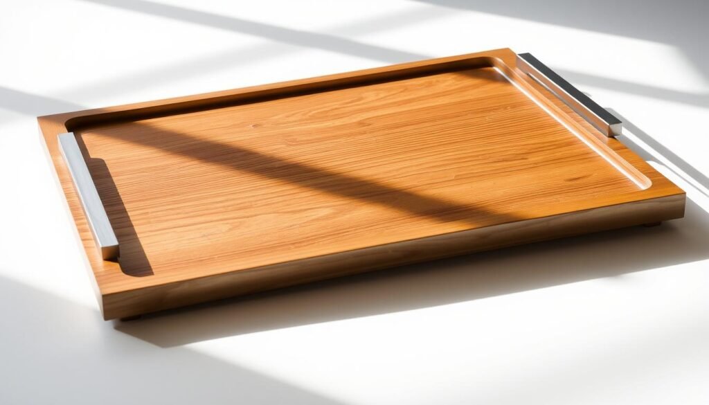 A custom wooden tray with a sleek, minimalist design. The tray features a warm, natural wood grain finish, complemented by brushed metal accents that add a touch of industrial elegance. The tray's rectangular shape is elevated by subtly curved edges, creating a visually appealing and functional piece. Soft, directional lighting casts gentle shadows, highlighting the textural interplay between the wood and metal. Placed on a clean, uncluttered surface, the tray exudes a sense of refined sophistication, perfectly suited to elevate the workspace and showcase the owner's personal style.
