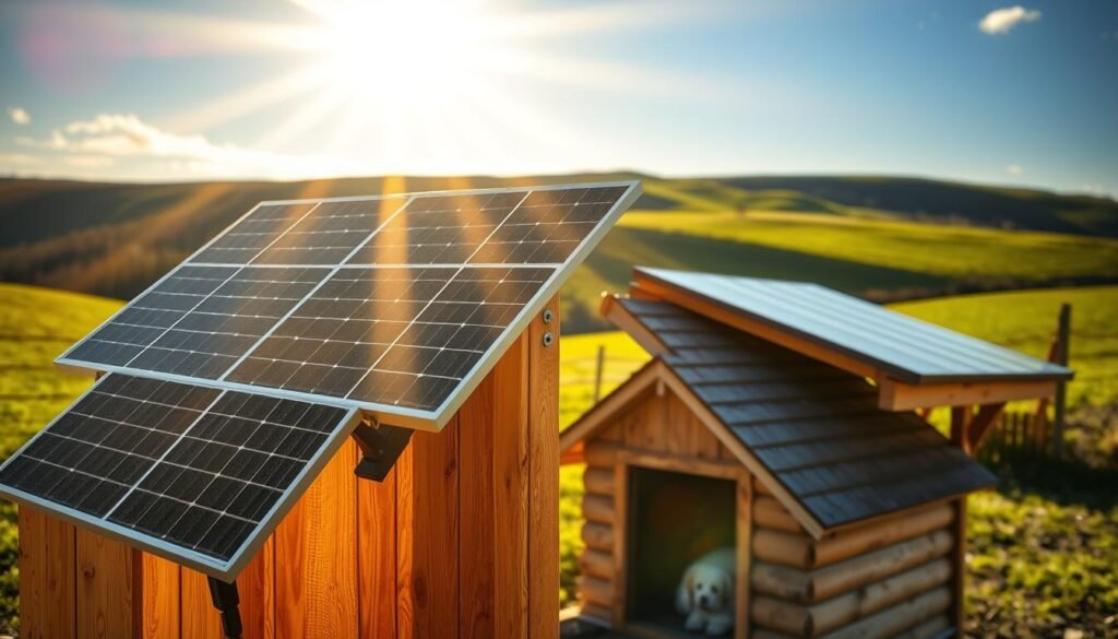 A detailed DIY solar heater for a cozy dog house, illuminated by warm golden sunlight streaming through a partially opened wooden panel. In the foreground, an array of solar panels efficiently absorbing the sun's rays, carefully mounted on a sturdy wooden frame. The middle ground features the dog house itself, a quaint rustic structure with a slanted roof, its walls adorned with natural wood grain textures. In the background, a lush green landscape with rolling hills and a vibrant blue sky, creating a serene and peaceful atmosphere. The lighting is soft and natural, casting gentle shadows that add depth and dimension to the scene. The overall composition highlights the functionality and sustainability of this homemade solar heating solution for a dog's winter comfort. A detailed DIY solar heater for a cozy dog house, illuminated by warm golden sunlight streaming through a partially opened wooden panel. In the foreground, an array of solar panels efficiently absorbing the sun's rays, carefully mounted on a sturdy wooden frame. The middle ground features the dog house itself, a quaint rustic structure with a slanted roof, its walls adorned with natural wood grain textures. In the background, a lush green landscape with rolling hills and a vibrant blue sky, creating a serene and peaceful atmosphere. The lighting is soft and natural, casting gentle shadows that add depth and dimension to the scene. The overall composition highlights the functionality and sustainability of this homemade solar heating solution for a dog's winter comfort.