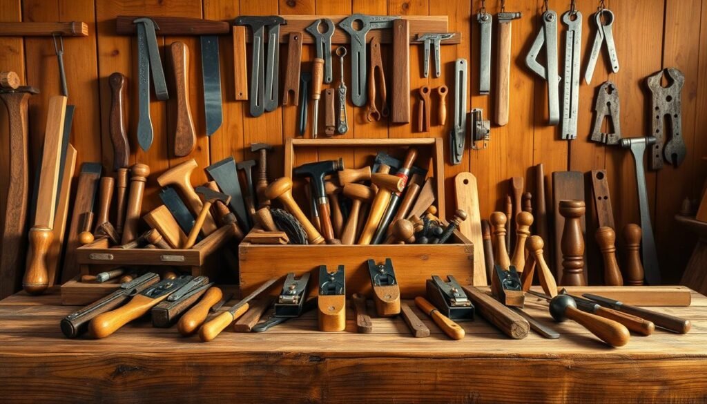 A detailed arrangement of classic woodworking hand tools, meticulously crafted and artfully displayed against a rustic wooden backdrop. In the foreground, a well-worn, hardwood workbench provides a sturdy surface, with an assortment of chisels, planes, and hand saws neatly arranged atop it. The middle ground features a toolbox overflowing with an array of hammers, wrenches, and other essential implements, all cast in a warm, golden light. In the background, a wall-mounted rack displays a collection of precision-engineered calipers, squares, and measuring tools, creating a sense of depth and balance. The overall scene evokes the timeless allure of traditional craftsmanship, inviting the viewer to imagine the skilled hands that have wielded these tools to create beautiful, functional works of art.