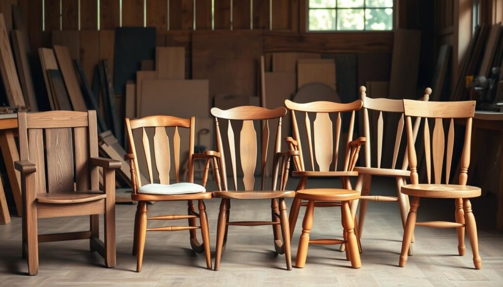 A detailed arrangement of various wooden chair types, each showcasing its distinct dipping problem. In the foreground, a sturdy oak armchair with a gradually deepening seat; a delicate walnut side chair leaning to one side; and a rustic pine rocker with a lopsided backrest. In the middle ground, a sleek maple dining chair with a sunken cushion; an ornate cherry rocking chair with a tilting frame; and a simple birch stool with an uneven leg. The background features a serene setting of a cozy, sunlit workshop, the wooden planks and tools hinting at the craftsmanship behind these chairs. The lighting is warm and natural, highlighting the unique grains and textures of each design. The overall mood evokes a sense of thoughtful study and practical solutions for these common chair dipping problems. A detailed arrangement of various wooden chair types, each showcasing its distinct dipping problem. In the foreground, a sturdy oak armchair with a gradually deepening seat; a delicate walnut side chair leaning to one side; and a rustic pine rocker with a lopsided backrest. In the middle ground, a sleek maple dining chair with a sunken cushion; an ornate cherry rocking chair with a tilting frame; and a simple birch stool with an uneven leg. The background features a serene setting of a cozy, sunlit workshop, the wooden planks and tools hinting at the craftsmanship behind these chairs. The lighting is warm and natural, highlighting the unique grains and textures of each design. The overall mood evokes a sense of thoughtful study and practical solutions for these common chair dipping problems.