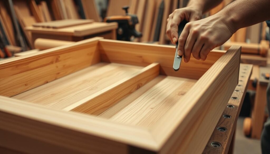 A detailed close-up view of a wooden drawer under construction, showcased in a well-lit, pristine workshop setting. The drawer frame is being precisely assembled, with the front panel, sides, and back pieces fitting together seamlessly. The delicate, careful movements of skilled hands are visible, using traditional woodworking tools like chisels, planes, and saws. The warm, golden light accentuates the natural grain and texture of the high-quality hardwood materials. The overall atmosphere conveys a sense of focus, precision, and the pride of craftsmanship.