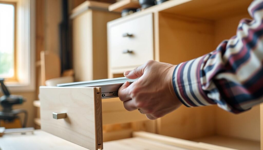 A detailed, high-quality image of a drawer slide installation. Shown in a well-lit woodworking workshop, with a natural lighting source from the left. The drawer slide is prominently featured in the middle ground, with the drawer cabinet and workspace visible in the background. The slide is shown in a partially installed state, with the user's hands demonstrating the proper installation technique. The image conveys a sense of focus and attention to detail, reflecting the technical nature of the task. The overall mood is one of precision and functionality, suitable for illustrating a woodworking tutorial.