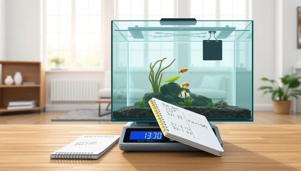 A detailed illustration of an aquarium weight calculation setup. Foreground shows a large fish tank resting on a digital scale, displaying the total weight. In the middle ground, a tape measure and notebook with handwritten calculations are visible, representing the process of determining the aquarium's weight requirements. The background depicts a well-lit, minimalist home interior setting with natural lighting filtering through large windows, creating a calming, informative atmosphere. The scene conveys a sense of precision, organization, and a step-by-step approach to understanding the necessary weight considerations for a DIY fish tank stand.