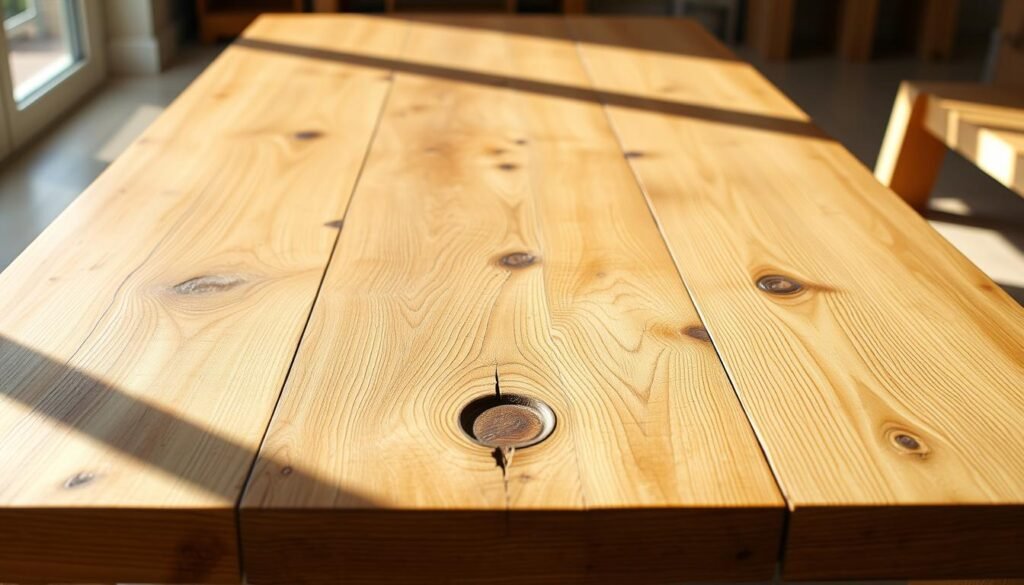 A detailed, meticulously crafted woodworking plan for a rustic farmhouse table, shot in natural sunlight with a shallow depth of field. The tabletop is made of warm, weathered oak planks with a smooth, sanded finish. Intricate grain patterns and knots are visible, hinting at the table's handcrafted origins. The sturdy, mortise-and-tenon frame is constructed from solid pine, its distressed, whitewashed finish evoking an aged, time-worn aesthetic. Soft shadows cast by the table's legs create a sense of depth and dimensionality. The overall composition emphasizes the table's craftsmanship and textural details, conveying a serene, inviting atmosphere perfect for the "Finishing Touches" section of the DIY article.