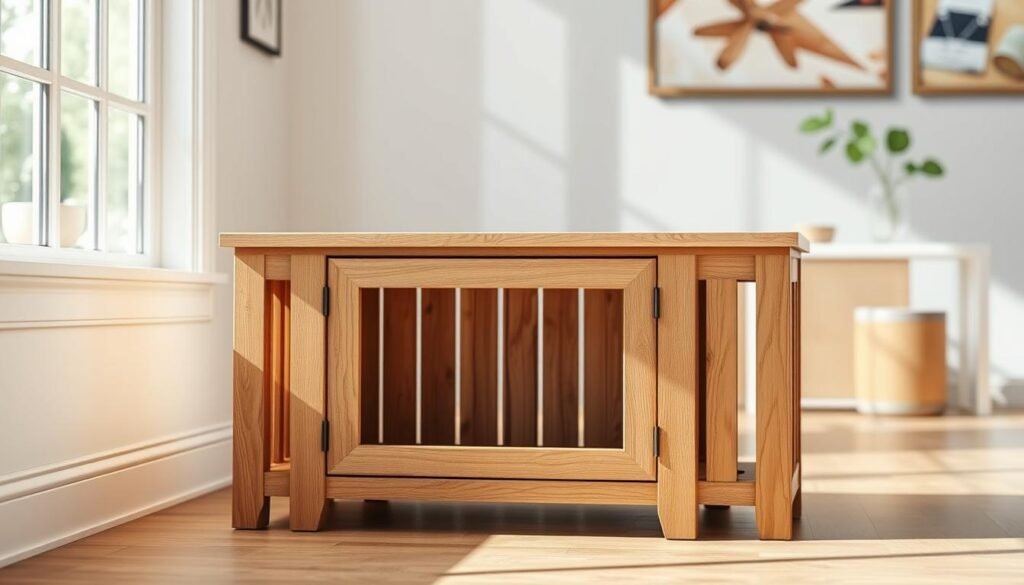 A detailed plan for a rustic, wooden dog crate end table design. The front features a large, rectangular dog crate opening, with a sturdy, decorative frame. The top is a solid wood surface, suitable for display or storage. The sides have a classic, slatted design, complementing the natural wood tones. The unit is positioned in a bright, well-lit room, with natural light streaming in from a large window. The overall aesthetic is a harmonious blend of functionality and refined farmhouse style, perfect for a modern living space.