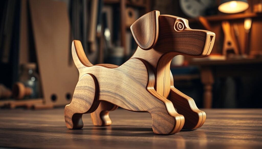 A detailed, well-crafted wooden dog toy design, meticulously rendered in a warm, rustic aesthetic. The foreground features an ergonomic, chew-resistant toy in the shape of a playful canine, with smooth contours and natural wood grains. The middle ground showcases the thoughtful construction, including mortise and tenon joints, rounded edges, and a distressed finish that adds character. In the background, a softly-lit workshop setting with tools and materials, evoking a sense of handcrafted authenticity. Dramatic side lighting accentuates the sculptural form and highlights the tactile, organic qualities of the design. The overall mood is one of skilled craftsmanship, functionality, and a genuine connection between human and canine.