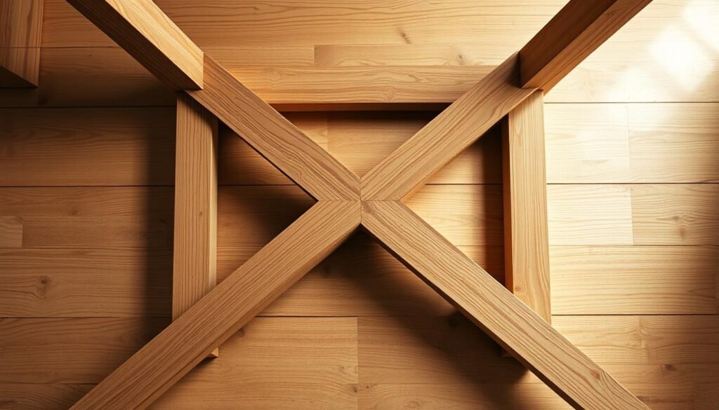 A detailed, well-lit overhead view of a wooden table base and frame construction. Sturdy oak boards and dowels in a natural, rustic finish, precisely joined with exposed mortise and tenon joints. The frame has a clean, symmetrical geometric design with a central X-shaped base support. Soft, diffuse lighting from above creates warm highlights and shadows that accentuate the natural grain and textures of the wood. The camera angle captures the intricacy of the joinery and the robust, functional construction, showcasing the craftsmanship required to build a sturdy and visually appealing table base.