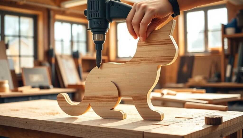 A detailed wooden cat toy being carefully cut with a precision woodworking saw in a well-lit workshop. The toy features a simplified feline shape, with smooth curves and rounded edges for safety. A workbench is visible in the middle ground, with various wood-shaping tools neatly organized. Warm natural lighting from large windows creates soft shadows and highlights the texture of the wood. The scene conveys a sense of focus and craftsmanship, showcasing the process of creating an engaging and durable wooden plaything for a beloved pet. A detailed wooden cat toy being carefully cut with a precision woodworking saw in a well-lit workshop. The toy features a simplified feline shape, with smooth curves and rounded edges for safety. A workbench is visible in the middle ground, with various wood-shaping tools neatly organized. Warm natural lighting from large windows creates soft shadows and highlights the texture of the wood. The scene conveys a sense of focus and craftsmanship, showcasing the process of creating an engaging and durable wooden plaything for a beloved pet.