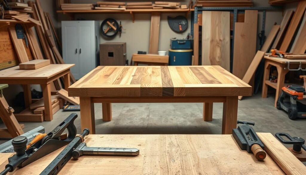 A detailed woodworking table top construction, showcased in a well-lit workshop setting. The table top is made of rich, warm-toned wood planks, arranged in a visually appealing pattern, with precise joints and a smooth, sanded surface. In the foreground, various woodworking tools, such as a saw, plane, and clamps, are neatly arranged, hinting at the skilled craftsmanship involved. The middle ground features the table top itself, elevated on a sturdy, minimalist wooden frame. The background depicts the workshop environment, with shelves, storage cabinets, and other woodworking accoutrements, creating an atmosphere of focused productivity. Soft, diffused lighting illuminates the scene, casting gentle shadows and highlighting the intricate details of the construction process. A detailed woodworking table top construction, showcased in a well-lit workshop setting. The table top is made of rich, warm-toned wood planks, arranged in a visually appealing pattern, with precise joints and a smooth, sanded surface. In the foreground, various woodworking tools, such as a saw, plane, and clamps, are neatly arranged, hinting at the skilled craftsmanship involved. The middle ground features the table top itself, elevated on a sturdy, minimalist wooden frame. The background depicts the workshop environment, with shelves, storage cabinets, and other woodworking accoutrements, creating an atmosphere of focused productivity. Soft, diffused lighting illuminates the scene, casting gentle shadows and highlighting the intricate details of the construction process.