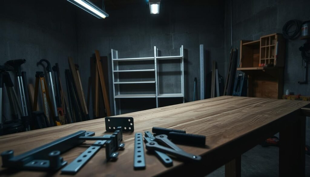 A dimly lit garage workshop, the focus on a sturdy wooden workbench. In the foreground, metal brackets and tools are neatly arranged, ready for a wall shelving assembly. The middle ground showcases the main subject - a partially assembled shelving unit, its components laid out in an orderly fashion. Soft shadows from a single overhead light source create depth and atmosphere. In the background, the garage's concrete walls and floor provide a utilitarian backdrop, emphasizing the practical nature of the task at hand. The scene conveys a sense of focus, organization, and the satisfaction of a DIY project well underway.
