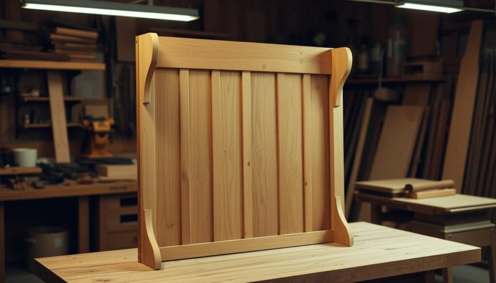 A dimly lit woodworking shop, with a large wooden workbench in the foreground. On the bench, the intricate construction of a hall tree back panel is clearly visible, showcasing the careful joinery and precise measurements. The background is blurred, but hints at various woodworking tools and materials, creating a sense of depth and a professional, skilled environment. The lighting is warm and subdued, casting subtle shadows that accentuate the textures and contours of the wood. The overall atmosphere is one of focused craftsmanship and attention to detail, reflecting the care and expertise required to build a high-quality hall tree. A dimly lit woodworking shop, with a large wooden workbench in the foreground. On the bench, the intricate construction of a hall tree back panel is clearly visible, showcasing the careful joinery and precise measurements. The background is blurred, but hints at various woodworking tools and materials, creating a sense of depth and a professional, skilled environment. The lighting is warm and subdued, casting subtle shadows that accentuate the textures and contours of the wood. The overall atmosphere is one of focused craftsmanship and attention to detail, reflecting the care and expertise required to build a high-quality hall tree.