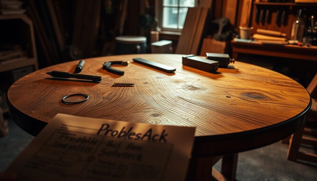 A dimly lit woodworking workshop, the focus centered on a sturdy, round table. The tabletop is adorned with various tools and materials, suggesting a recent troubleshooting session. Warm, directional lighting casts dramatic shadows, highlighting the intricate grain patterns of the wood. In the foreground, a hand-drawn schematic or blueprint is visible, offering a glimpse into the problem-solving process. The background is slightly blurred, drawing the viewer's attention to the table and the task at hand. The overall atmosphere is one of focus, problem-solving, and the dedicated pursuit of perfecting the craft of woodworking. A dimly lit woodworking workshop, the focus centered on a sturdy, round table. The tabletop is adorned with various tools and materials, suggesting a recent troubleshooting session. Warm, directional lighting casts dramatic shadows, highlighting the intricate grain patterns of the wood. In the foreground, a hand-drawn schematic or blueprint is visible, offering a glimpse into the problem-solving process. The background is slightly blurred, drawing the viewer's attention to the table and the task at hand. The overall atmosphere is one of focus, problem-solving, and the dedicated pursuit of perfecting the craft of woodworking.