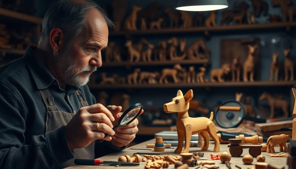 A dimly lit woodworking workshop, with a workbench covered in an array of wooden toy parts, tools, and a magnifying glass. In the foreground, a craftsman examines a partially assembled wooden dog figure, brow furrowed in concentration. The middle ground features shelves stocked with an assortment of carved animal figures, some in various stages of completion. The background is blurred, but hints at the tools and materials needed to create these charming wooden toys. The lighting is warm and focused, creating a cozy, problem-solving atmosphere. A dimly lit woodworking workshop, with a workbench covered in an array of wooden toy parts, tools, and a magnifying glass. In the foreground, a craftsman examines a partially assembled wooden dog figure, brow furrowed in concentration. The middle ground features shelves stocked with an assortment of carved animal figures, some in various stages of completion. The background is blurred, but hints at the tools and materials needed to create these charming wooden toys. The lighting is warm and focused, creating a cozy, problem-solving atmosphere.