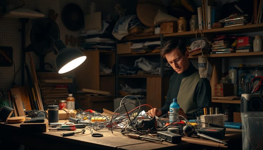 A dimly lit workshop filled with tools and half-finished projects. On a cluttered workbench, a frustrated DIY enthusiast examines a tangled mess of wires and a broken gadget, brow furrowed in concentration. Rays of soft, warm light from a desk lamp cast an inviting glow, hinting at the satisfaction of a successful repair. The air is thick with the scent of sawdust and the faint whirring of a fan. In the background, shelves overflow with an eclectic collection of materials and unfinished gifts, suggesting the ups and downs of a homemade holiday season. A dimly lit workshop filled with tools and half-finished projects. On a cluttered workbench, a frustrated DIY enthusiast examines a tangled mess of wires and a broken gadget, brow furrowed in concentration. Rays of soft, warm light from a desk lamp cast an inviting glow, hinting at the satisfaction of a successful repair. The air is thick with the scent of sawdust and the faint whirring of a fan. In the background, shelves overflow with an eclectic collection of materials and unfinished gifts, suggesting the ups and downs of a homemade holiday season.