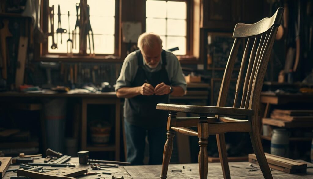 A dimly lit workshop with a vintage wooden dining chair in the foreground, its legs disassembled and various tools scattered nearby. In the middle ground, an elderly woodworker carefully examines the chair's joint connections, brow furrowed in concentration. The background features a wall of neatly organized hand tools and a window letting in soft, natural light, casting a warm glow over the scene. The overall atmosphere conveys a sense of meticulous care and experience in repairing this cherished, time-worn furniture piece. A dimly lit workshop with a vintage wooden dining chair in the foreground, its legs disassembled and various tools scattered nearby. In the middle ground, an elderly woodworker carefully examines the chair's joint connections, brow furrowed in concentration. The background features a wall of neatly organized hand tools and a window letting in soft, natural light, casting a warm glow over the scene. The overall atmosphere conveys a sense of meticulous care and experience in repairing this cherished, time-worn furniture piece.