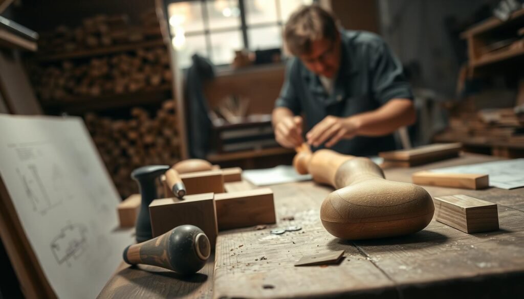 A dimly lit workshop, wooden workbench in the foreground. On the bench, various tools and materials for crafting a wooden dog toy - chisels, sandpaper, wooden blocks, and a partially completed toy. In the middle ground, a skilled artisan's hands meticulously shaping and sanding the toy, their focused expression captured in the soft lighting. The background subtly blurred, hinting at the workshop's surroundings - shelves of lumber, hand-drawn plans, and a window letting in a warm glow. The scene exudes a sense of craftsmanship, attention to detail, and the peaceful process of creating a handmade, one-of-a-kind wooden dog toy.