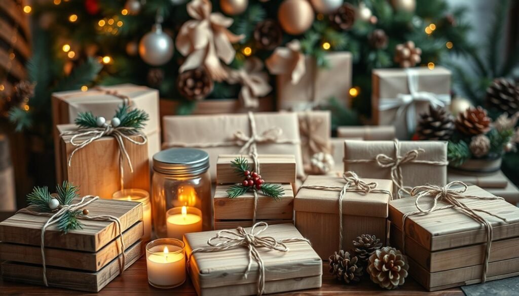 A festive scene of handmade wooden holiday gift packaging. In the foreground, a collection of rustic wooden boxes, jars, and crates adorned with natural accents like twine, pine sprigs, and fabric ribbons. Warm lighting from candles or fairy lights casts a cozy glow. In the middle ground, a variety of textured wrapping papers, twine, and sealing wax in seasonal colors. In the background, a tableau of seasonal greenery, pinecones, and soft, blurred holiday decor. The overall mood is one of artisanal, homespun charm and holiday warmth. A festive scene of handmade wooden holiday gift packaging. In the foreground, a collection of rustic wooden boxes, jars, and crates adorned with natural accents like twine, pine sprigs, and fabric ribbons. Warm lighting from candles or fairy lights casts a cozy glow. In the middle ground, a variety of textured wrapping papers, twine, and sealing wax in seasonal colors. In the background, a tableau of seasonal greenery, pinecones, and soft, blurred holiday decor. The overall mood is one of artisanal, homespun charm and holiday warmth.