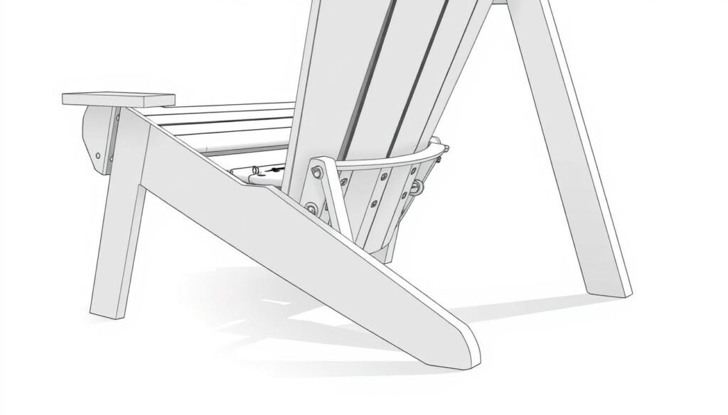 A finely crafted, detailed diagram of the intricate folding mechanism of an Adirondack chair, captured in a clean, technical illustration style. The mechanism is shown in a neutral, white backdrop, with a subtle drop shadow to provide depth and dimension. The various hinges, brackets, and joints are highlighted with precise lines and annotations, showcasing the clever engineering that allows the chair to fold for easy storage and transportation. The lighting is soft and even, creating clear shadows that accentuate the three-dimensional form. The camera angle is positioned to provide an optimal, unobstructed view of the mechanism, allowing the viewer to fully appreciate the design's elegant simplicity and functionality. A finely crafted, detailed diagram of the intricate folding mechanism of an Adirondack chair, captured in a clean, technical illustration style. The mechanism is shown in a neutral, white backdrop, with a subtle drop shadow to provide depth and dimension. The various hinges, brackets, and joints are highlighted with precise lines and annotations, showcasing the clever engineering that allows the chair to fold for easy storage and transportation. The lighting is soft and even, creating clear shadows that accentuate the three-dimensional form. The camera angle is positioned to provide an optimal, unobstructed view of the mechanism, allowing the viewer to fully appreciate the design's elegant simplicity and functionality.