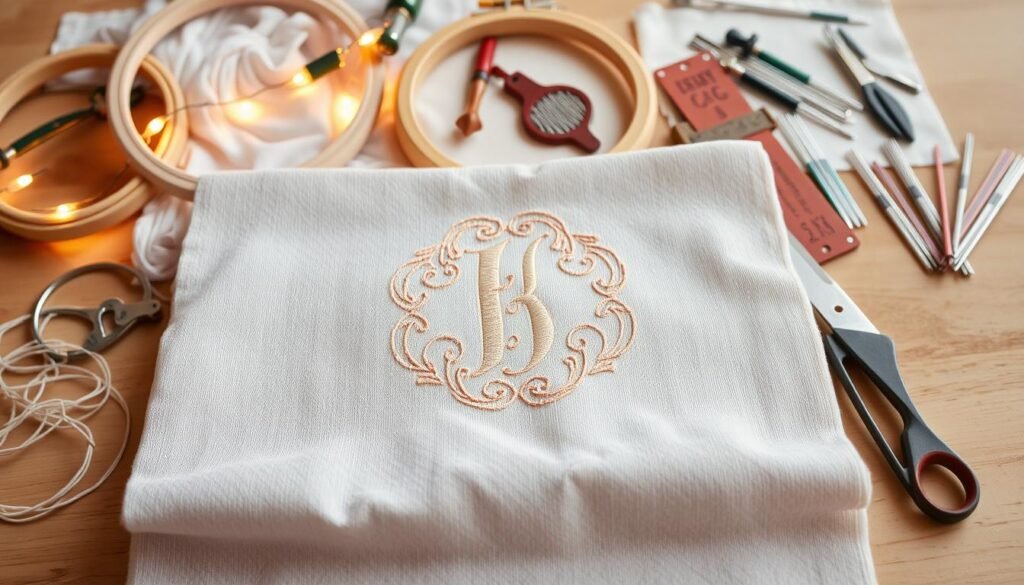 A finely crafted monogrammed design takes center stage, with intricate stitching and delicate embroidery illuminated by soft, warm lighting. In the background, various monogramming tools and techniques are showcased, from embroidery hoops to specialized needles, creating a comprehensive scene that celebrates the art of personalization. The composition is balanced, with a focus on the monogram itself, allowing the viewer to appreciate the craftsmanship and attention to detail that goes into creating a truly unique, handmade gift. A finely crafted monogrammed design takes center stage, with intricate stitching and delicate embroidery illuminated by soft, warm lighting. In the background, various monogramming tools and techniques are showcased, from embroidery hoops to specialized needles, creating a comprehensive scene that celebrates the art of personalization. The composition is balanced, with a focus on the monogram itself, allowing the viewer to appreciate the craftsmanship and attention to detail that goes into creating a truly unique, handmade gift.