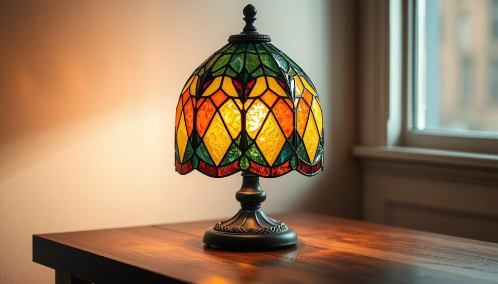 A finely crafted stained glass shade lamp with intricate copper foiling details. The lamp stands on a wooden table, its warm radiance emanating through the vibrantly colored glass panels. The copper foiling lines the edge of each panel, creating a captivating visual texture that catches the light. Soft, diffused lighting illuminates the scene, casting a cozy, intimate atmosphere. The lamp's design is a harmonious blend of traditional craftsmanship and modern aesthetics, serving as a stunning centerpiece for the wooden table. Meticulously rendered, this image showcases the skilled artistry and attention to detail in creating a unique and visually striking stained glass table lamp.