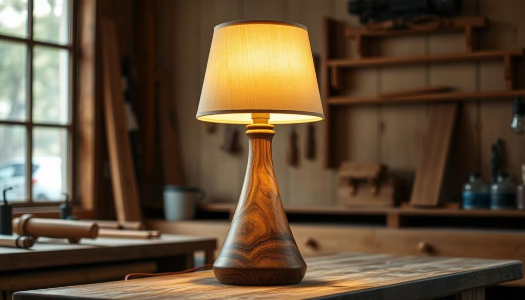 A finely crafted wooden lamp standing atop a rustic workbench, its warm glow illuminating the surrounding space. The lamp's base features intricate woodgrain patterns, masterfully carved to create a visually captivating design. Soft, diffused lighting emanates from the lamp's shade, which is made of delicate, translucent material that casts a cozy ambiance throughout the room. The overall composition exudes a sense of handcrafted elegance, perfectly showcasing the beauty and versatility of wood as a medium for lamp creation. A finely crafted wooden lamp standing atop a rustic workbench, its warm glow illuminating the surrounding space. The lamp's base features intricate woodgrain patterns, masterfully carved to create a visually captivating design. Soft, diffused lighting emanates from the lamp's shade, which is made of delicate, translucent material that casts a cozy ambiance throughout the room. The overall composition exudes a sense of handcrafted elegance, perfectly showcasing the beauty and versatility of wood as a medium for lamp creation.