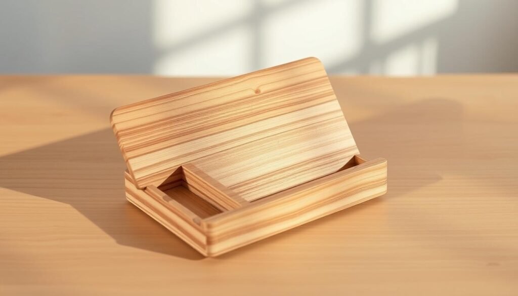 A finely crafted wooden tablet stand rests on a smooth, natural-toned surface. Its open-faced compartment offers convenient storage, with a clean-lined, minimalist design. Warm lighting from above casts gentle shadows, highlighting the wood's rich grain. The stand's angled form suggests a functional, ergonomic angle for easy device viewing. A simple, uncluttered composition emphasizes the stand's elegant construction and seamless integration of storage. Crisp, high-resolution detail captures the craftsmanship and utility of this practical, yet stylish, tablet accessory.