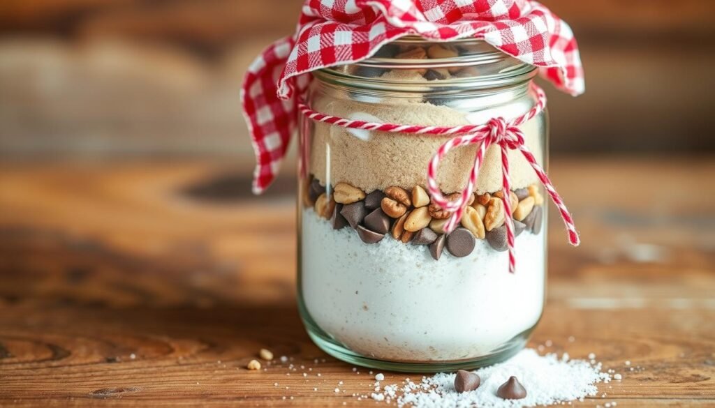 A glass jar filled with a homemade cookie mix, resting on a rustic wooden surface. The jar has a festive red gingham cloth tied around the lid, creating a warm, homespun feel. The mix layers are visible through the clear glass, showcasing the various ingredients like flour, sugar, chocolate chips, and nuts. Soft, natural lighting casts a cozy glow, highlighting the homemade charm of the scene. The overall composition evokes a sense of comfort, care, and the joy of handcrafted gifts from the heart. A glass jar filled with a homemade cookie mix, resting on a rustic wooden surface. The jar has a festive red gingham cloth tied around the lid, creating a warm, homespun feel. The mix layers are visible through the clear glass, showcasing the various ingredients like flour, sugar, chocolate chips, and nuts. Soft, natural lighting casts a cozy glow, highlighting the homemade charm of the scene. The overall composition evokes a sense of comfort, care, and the joy of handcrafted gifts from the heart.