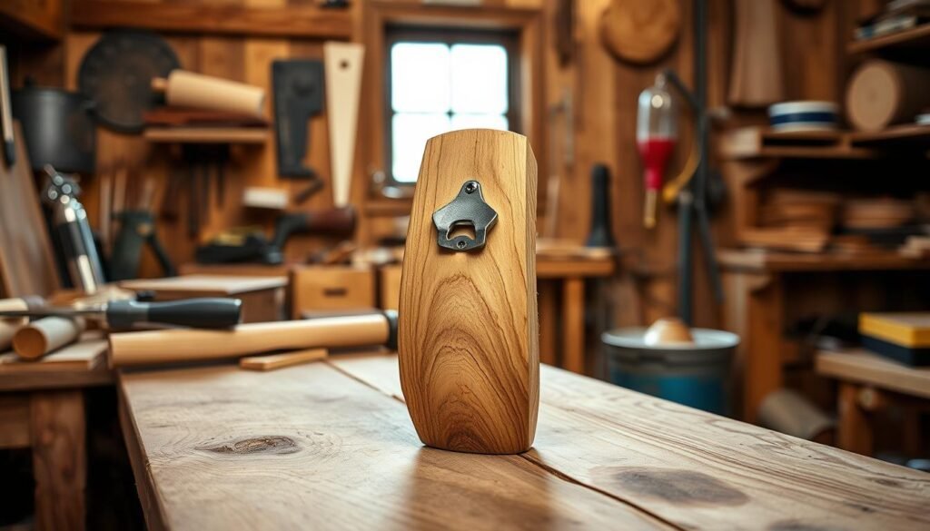 A hand-carved, rustic wooden bottle opener sitting on a wooden workbench in a cozy woodshop. The opener has a smooth, natural grain texture and a simple, functional design with a sturdy metal hook. Warm, soft lighting from a nearby window casts a gentle glow, highlighting the craftsmanship. The background is filled with various woodworking tools, materials, and projects, conveying a sense of skilled, artisanal creation. The overall mood is one of homespun charm, practicality, and the pride of handmade goods. A hand-carved, rustic wooden bottle opener sitting on a wooden workbench in a cozy woodshop. The opener has a smooth, natural grain texture and a simple, functional design with a sturdy metal hook. Warm, soft lighting from a nearby window casts a gentle glow, highlighting the craftsmanship. The background is filled with various woodworking tools, materials, and projects, conveying a sense of skilled, artisanal creation. The overall mood is one of homespun charm, practicality, and the pride of handmade goods.