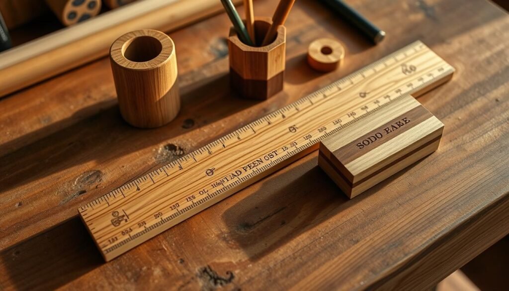 A hand-crafted, personalized woodworking accessory set resting on a rustic wooden workbench. The centerpiece is a custom-made, solid oak ruler with intricate laser-etched designs, complemented by a unique handmade wooden pencil holder and a small, finely sanded wooden box. The items are bathed in warm, soft lighting, casting gentle shadows and highlighting the natural grain and texture of the wood. The overall scene conveys a sense of craftsmanship, attention to detail, and the satisfaction of creating unique, bespoke items.