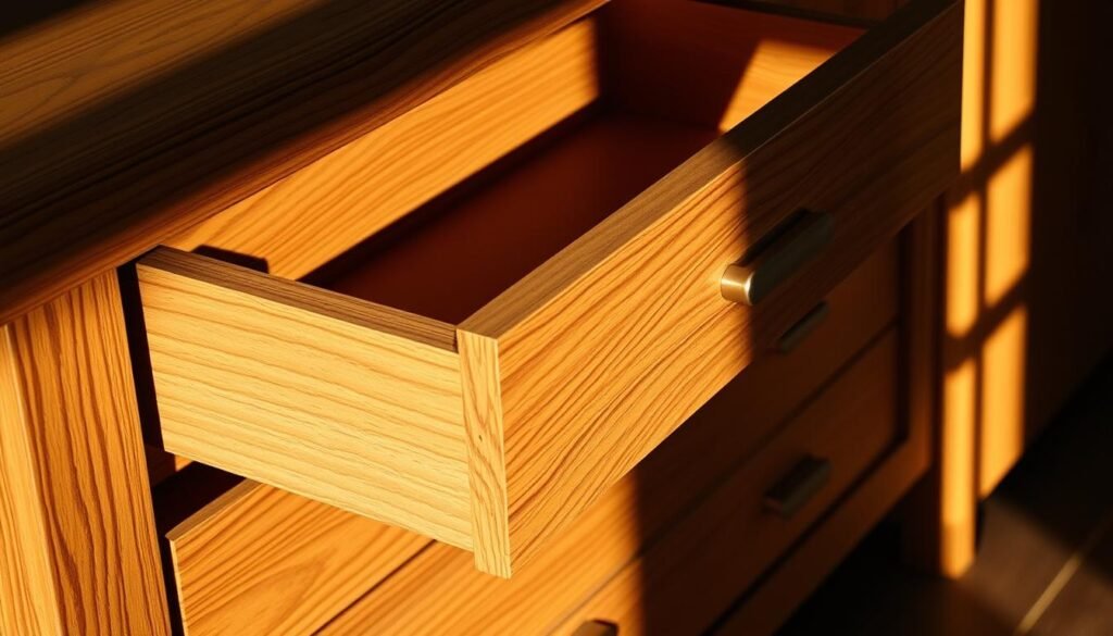A handcrafted wood sideboard drawer, meticulously crafted with a focus on functionality. Warm, natural tones of the oak wood grain shine through, complemented by sleek, brushed metal hardware. Smooth, precisely fitted slides allow the drawer to glide open effortlessly, revealing ample storage space within. Dramatic side-lighting casts long shadows, emphasizing the intricate joinery and attention to detail. The scene conveys a sense of craftsmanship and practicality, perfectly suited for the "Crafting Functional Drawers" section of the woodworking article.