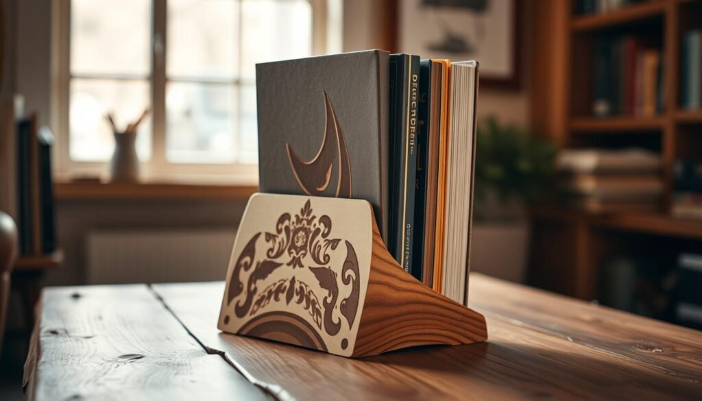 A handcrafted wooden book holder with intricate carved designs, standing on a rustic wooden surface. The holder features a sleek, minimalist design with a sturdy angled support to securely hold books of various sizes. Warm, natural lighting casts a soft glow, highlighting the grain and texture of the wood. The background is a cozy, inviting environment, perhaps a well-lit reading nook or study, adding to the personalized, homely atmosphere. The overall composition emphasizes the custom, one-of-a-kind nature of the book holder, inviting the viewer to imagine crafting their own unique reading companion.
