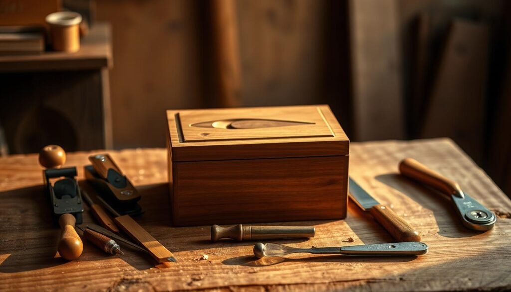 A handcrafted wooden gift box sits atop a rustic wooden surface, bathed in warm, golden lighting that casts soft shadows. The box features clean, elegant lines and a smooth, satin finish, with a unique, carved design on the lid that reflects the craftsmanship of its maker. In the middle ground, various woodworking tools, such as chisels, planes, and a carving knife, are neatly arranged, hinting at the care and attention to detail that went into creating this special gift. The background is softly blurred, emphasizing the focus on the gift box and the artisanal nature of the scene.