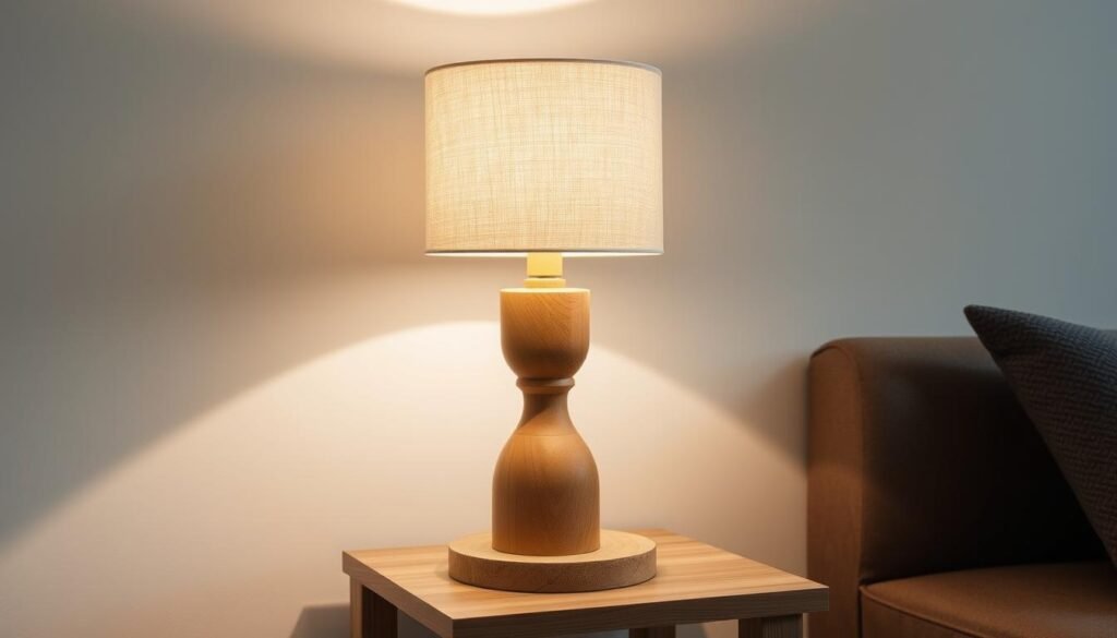 A handmade wooden table lamp with a warm, rustic aesthetic. The lamp features a turned wooden base with a natural, unfinished texture, complemented by a cylindrical lampshade made of natural linen. The light source casts a soft, ambient glow, creating a cozy and inviting atmosphere. The lamp is positioned on a simple, wooden side table, showcasing its craftsmanship and complementing the minimalist, Scandinavian-inspired room decor. Subtle shadows and highlights accentuate the lamp's organic shapes and materiality. Captured in a clean, well-lit setting with a focus on the lamp's elegant design and handmade charm. A handmade wooden table lamp with a warm, rustic aesthetic. The lamp features a turned wooden base with a natural, unfinished texture, complemented by a cylindrical lampshade made of natural linen. The light source casts a soft, ambient glow, creating a cozy and inviting atmosphere. The lamp is positioned on a simple, wooden side table, showcasing its craftsmanship and complementing the minimalist, Scandinavian-inspired room decor. Subtle shadows and highlights accentuate the lamp's organic shapes and materiality. Captured in a clean, well-lit setting with a focus on the lamp's elegant design and handmade charm.