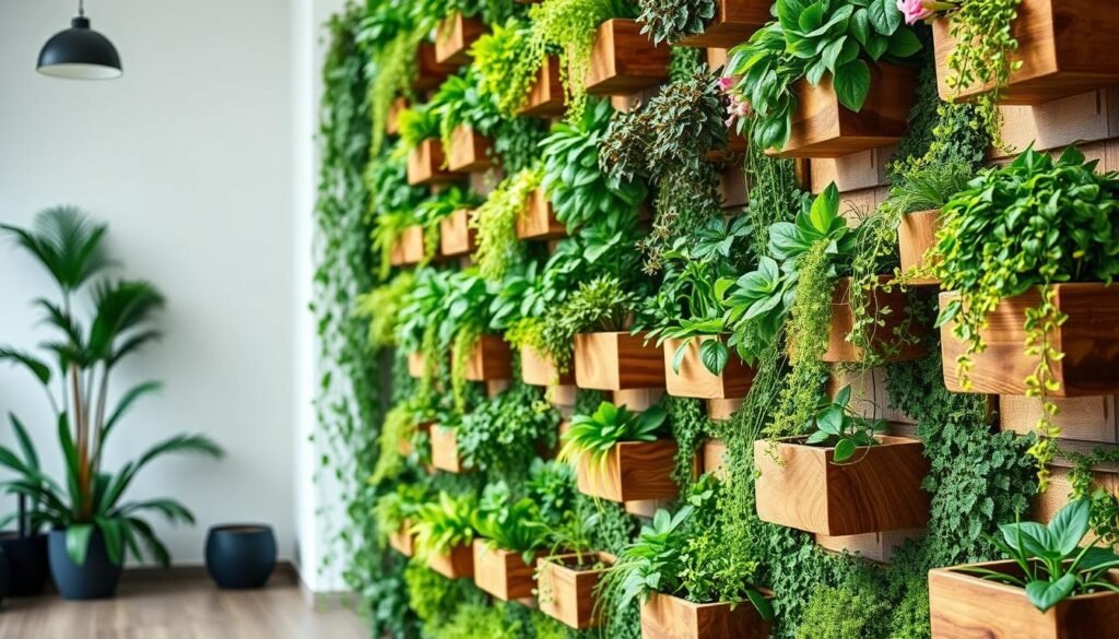 A lush, vertical garden wall showcasing a stunning array of thriving, vibrant plants in handcrafted wooden planters. The foreground features an intricate arrangement of planters in various shapes and sizes, meticulously crafted from natural wood grains and textures. The middle ground reveals the vertical garden's cascading foliage, with a variety of leafy greens, flowering plants, and trailing vines adding depth and visual interest. In the background, a softly lit, minimalist interior setting provides a serene and inviting backdrop, accentuating the natural beauty of the living wall. The overall composition exudes a sense of tranquility and harmony, perfectly capturing the essence of a beautifully curated indoor or outdoor oasis.