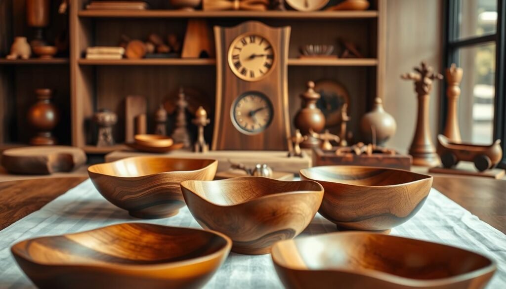 A meticulously crafted collection of luxury woodworking gifts, showcased in a warm, inviting setting. In the foreground, a set of exquisite wooden bowls in rich, polished tones, their flowing, organic forms a testament to the skill of the artisan. In the middle ground, a striking wooden clock, its sleek, minimalist design complemented by intricate hand-carved details. Behind it, a curated arrangement of artisanal wooden trinkets and decorative pieces, each one a unique masterpiece. Soft, diffused lighting casts a gentle glow, highlighting the natural grain and impeccable craftsmanship of these heirloom-quality treasures. The overall atmosphere evokes a sense of refined elegance and timeless sophistication, perfectly capturing the essence of luxury woodworking gifts.