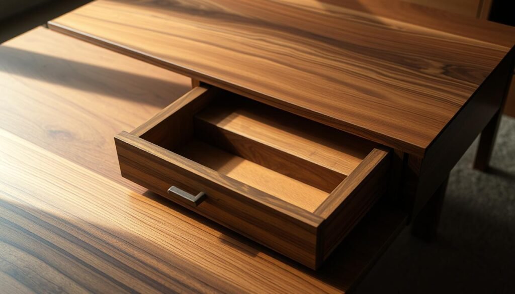 A meticulously crafted hidden compartment within a beautifully designed wooden coffee table. The table's surface features a seamless and tactile grain, with subtle hints of a concealed mechanism. Warm, directional lighting accentuates the table's intricate details, creating an air of mystery and intrigue. The table's interior is revealed, showcasing a precisely engineered secret drawer that slides open effortlessly, inviting the viewer to explore its hidden contents. The overall composition conveys a sense of craftsmanship, functionality, and the thrill of discovering the unexpected.