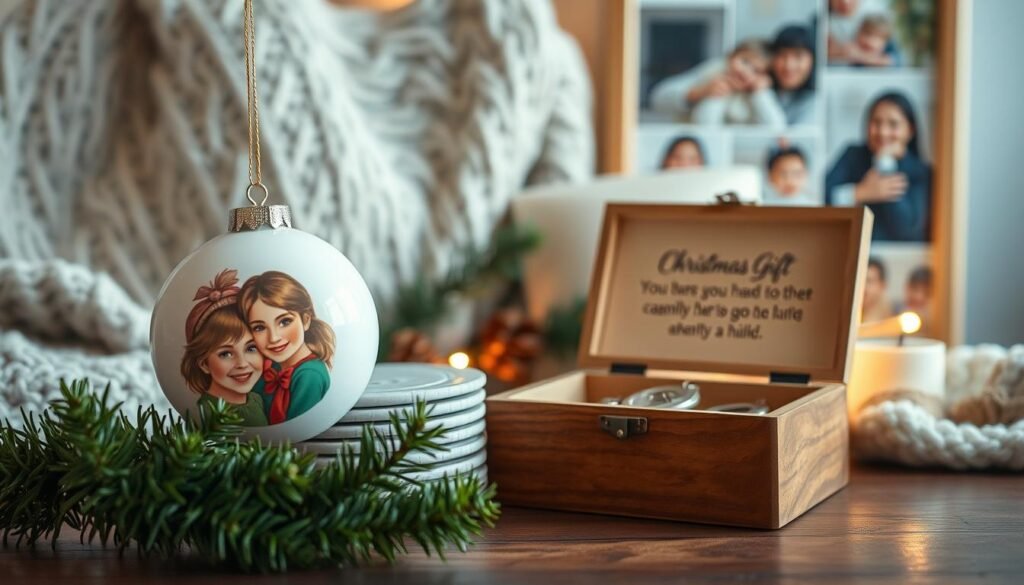 A meticulously crafted still life of sentimental keepsake Christmas gifts. In the foreground, a delicate porcelain ornament with a hand-painted family portrait, nestled amidst a sprig of fresh evergreen and a stack of personalized photo coasters. In the middle ground, a wooden jewelry box with an engraved message, opened to reveal a vintage locket and a set of initial charms. The background features a soft, warm lighting, casting a cozy glow over a handmade knitted throw and a framed family collage. The overall mood is one of nostalgia, sentimentality, and the heartfelt joy of cherishing meaningful memories. A meticulously crafted still life of sentimental keepsake Christmas gifts. In the foreground, a delicate porcelain ornament with a hand-painted family portrait, nestled amidst a sprig of fresh evergreen and a stack of personalized photo coasters. In the middle ground, a wooden jewelry box with an engraved message, opened to reveal a vintage locket and a set of initial charms. The background features a soft, warm lighting, casting a cozy glow over a handmade knitted throw and a framed family collage. The overall mood is one of nostalgia, sentimentality, and the heartfelt joy of cherishing meaningful memories.