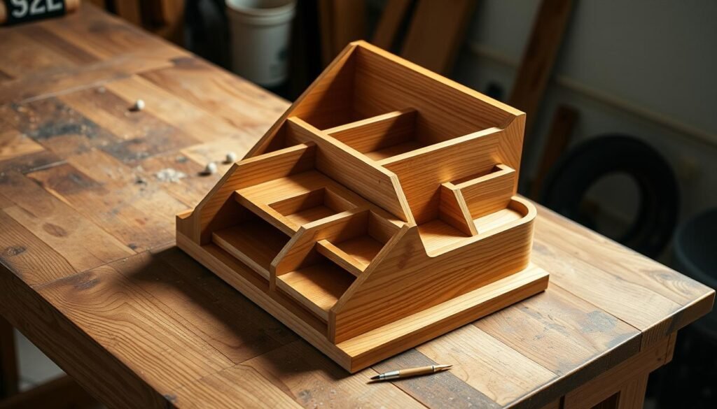 A meticulously crafted wooden desk organizer sits upon a rustic workbench, its smooth, natural grain and precise joinery catching the warm glow of a soft, directional light. Intricate compartments and shelves, tailored to hold essential office supplies, are arranged in a visually striking, asymmetrical layout. Delicate details, such as subtly beveled edges and a hand-rubbed finish, elevate the piece, imbuing it with a sense of elegant craftsmanship. The organizer's sturdy construction and thoughtful design speak to its functionality, while its unique, personalized aesthetic makes it a desirable, one-of-a-kind gift. Subtle shadows cast by the organizer create depth and dimension, complementing the rich, textured wood tones that fill the frame. A meticulously crafted wooden desk organizer sits upon a rustic workbench, its smooth, natural grain and precise joinery catching the warm glow of a soft, directional light. Intricate compartments and shelves, tailored to hold essential office supplies, are arranged in a visually striking, asymmetrical layout. Delicate details, such as subtly beveled edges and a hand-rubbed finish, elevate the piece, imbuing it with a sense of elegant craftsmanship. The organizer's sturdy construction and thoughtful design speak to its functionality, while its unique, personalized aesthetic makes it a desirable, one-of-a-kind gift. Subtle shadows cast by the organizer create depth and dimension, complementing the rich, textured wood tones that fill the frame.