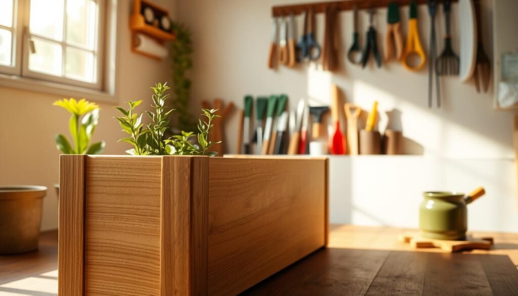 A meticulously crafted wooden planter box in the foreground, its sturdy frame and smooth finish inviting closer inspection. Sunlight filters through the window, casting a warm, golden glow across the scene. In the middle ground, an array of gardening tools and supplies are neatly arranged, suggesting a workshop environment. The background features a clean, minimalist backdrop, allowing the craftsmanship of the planter box to take center stage. The overall composition exudes a sense of tranquility and attention to detail, perfectly capturing the essence of a beginner-friendly woodworking tutorial.
