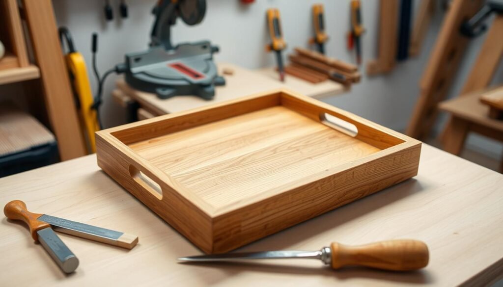 A meticulously crafted wooden serving tray rests on a clean, well-lit workbench. The tray is fashioned from warm, honey-toned oak, its smooth surface accented by the subtle grain. In the foreground, a chisel and sandpaper lie nearby, hinting at the careful craftsmanship involved in its construction. In the middle ground, a miter saw and a selection of clamps stand ready, showcasing the tools required to assemble the tray. The background is softly blurred, allowing the tray to take center stage, its elegant simplicity and functionality the focus of the scene. Soft, diffused lighting illuminates the tray, casting gentle shadows that accentuate its clean lines and attention to detail.