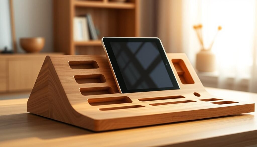 A meticulously crafted wooden tablet stand with customizable storage compartments, illuminated by warm, natural lighting. The design features clean, geometric lines and a minimalist aesthetic, allowing the wood's grain and texture to shine. In the foreground, various tablet-sized slots and cubby holes are elegantly arranged, offering ample storage and organization. The middle ground showcases a sleek, angled surface perfect for propping up a tablet, while the background hints at a minimalist, scandinavian-inspired environment, creating a serene and harmonious atmosphere.