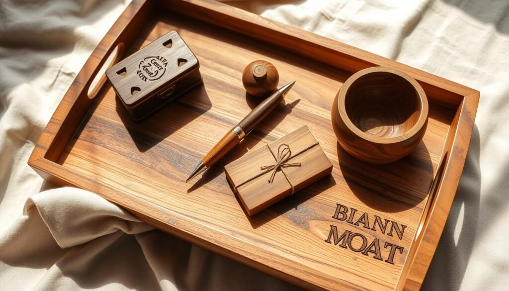 A meticulously crafted wooden tray displaying an assortment of handmade gifts - a hand-carved box, a turned wooden pen, and a small decorative bowl - resting on a soft, neutral-colored cloth. The scene is bathed in warm, natural lighting, casting gentle shadows and highlighting the intricate textures and grains of the wood. The arrangement conveys a sense of craftsmanship, attention to detail, and the thoughtful presentation of personalized, homemade items. The overall mood is one of quiet elegance and the pride of creating unique, high-quality woodworking projects. A meticulously crafted wooden tray displaying an assortment of handmade gifts - a hand-carved box, a turned wooden pen, and a small decorative bowl - resting on a soft, neutral-colored cloth. The scene is bathed in warm, natural lighting, casting gentle shadows and highlighting the intricate textures and grains of the wood. The arrangement conveys a sense of craftsmanship, attention to detail, and the thoughtful presentation of personalized, homemade items. The overall mood is one of quiet elegance and the pride of creating unique, high-quality woodworking projects.