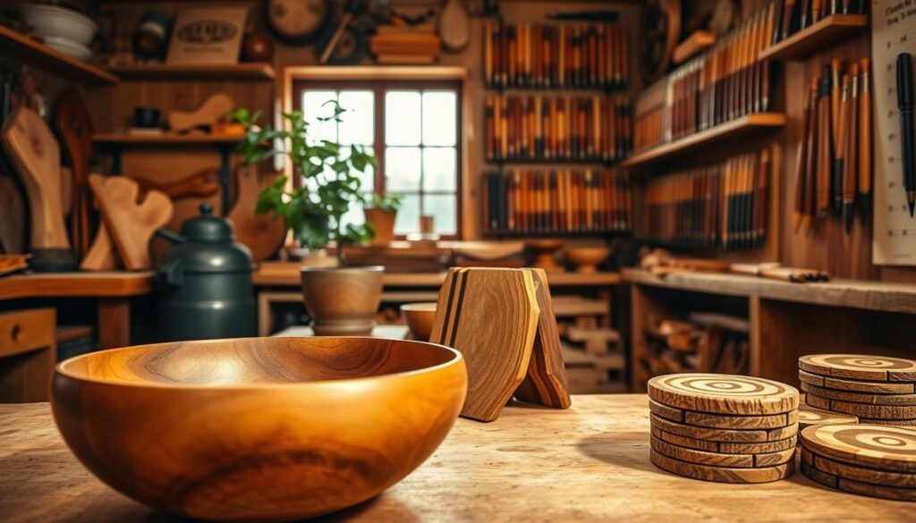 A meticulously crafted woodshop filled with an array of homemade gifts, bathed in warm golden light. In the foreground, a beautifully sanded and varnished wooden bowl, its smooth curves reflecting the workshop's rustic charm. Nearby, a hand-carved set of custom-made wooden coasters, each one unique in its intricate patterns. In the middle ground, a sturdy yet elegant wooden plant stand, its clean lines and natural grains complementing the leafy potted plant it supports. In the background, a wall-mounted shelving unit displays an assortment of hand-turned wooden pens, their barrels gleaming with a high-gloss finish. The overall atmosphere is one of skilled craftsmanship, attention to detail, and the joy of creating meaningful, personalized gifts. A meticulously crafted woodshop filled with an array of homemade gifts, bathed in warm golden light. In the foreground, a beautifully sanded and varnished wooden bowl, its smooth curves reflecting the workshop's rustic charm. Nearby, a hand-carved set of custom-made wooden coasters, each one unique in its intricate patterns. In the middle ground, a sturdy yet elegant wooden plant stand, its clean lines and natural grains complementing the leafy potted plant it supports. In the background, a wall-mounted shelving unit displays an assortment of hand-turned wooden pens, their barrels gleaming with a high-gloss finish. The overall atmosphere is one of skilled craftsmanship, attention to detail, and the joy of creating meaningful, personalized gifts.