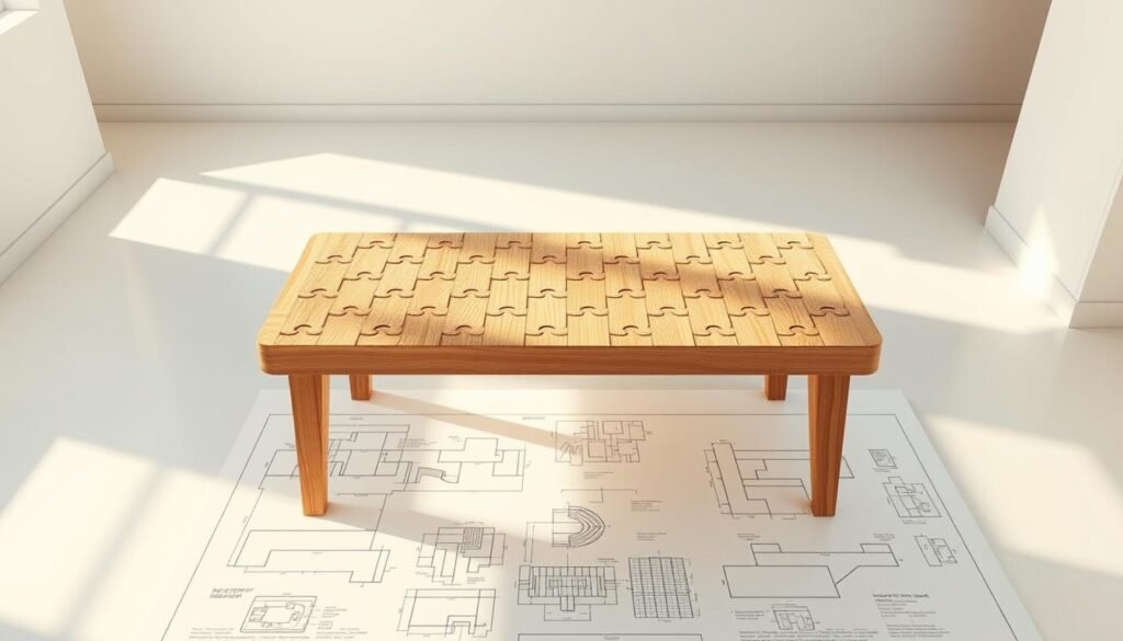 A meticulously detailed blueprint for a modern and minimalist puzzle coffee table design, showcased in a bright, airy studio setting. The tabletop is comprised of interlocking wooden pieces in a seamless, geometric pattern, casting warm, natural shadows across a smooth, polished surface. Surrounded by clean lines and neutrals, the table is illuminated by soft, directional lighting that highlights its clever, modular construction. In the foreground, an architectural rendering or technical sketch provides the necessary schematic details, while the middle and background layers offer a serene, inspirational context for this thoughtfully engineered DIY furniture piece.