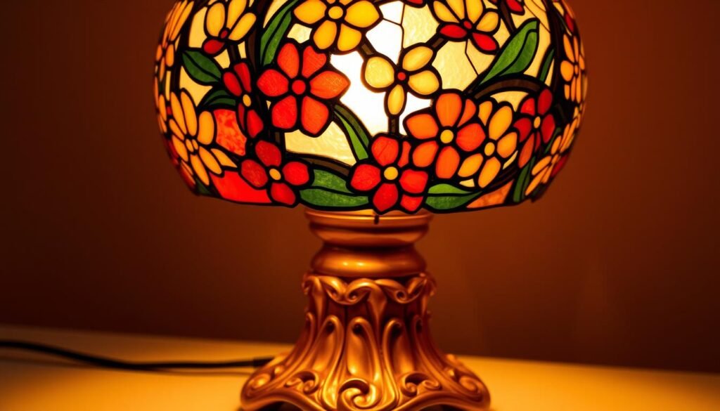 A meticulously detailed stained glass table lamp design, featuring a lush, floral composition in a warm, radiant palette. The lamp's base is constructed from gleaming, honey-toned wood, with an intricate carved pattern that flows organically up the sides. The stained glass panels depict a vibrant array of blossoms and leaves, capturing the play of light and shadow. The lamp emits a soft, diffused glow, creating a cozy, inviting ambiance. Photographed at a slight angle, showcasing the lamp's elegant proportions and the subtle textures of the materials. The overall scene exudes a sense of artisanal craftsmanship and refined aesthetic.