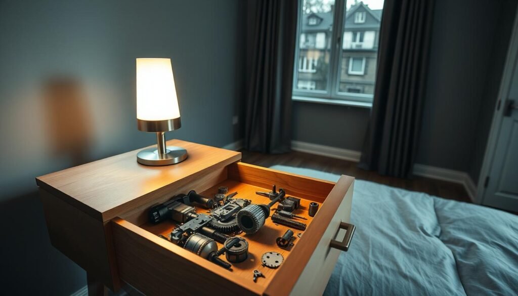 A mid-century modern bedside table stands in a softly lit bedroom. The table's clean lines and tapered legs evoke the timeless style of the era. On the table's surface, a lamp casts a warm glow, illuminating a disassembled drawer mechanism. Intricate gears and springs lie scattered, as the owner carefully troubleshoots the issue. The bedroom's muted color palette of grays and browns creates a serene, contemplative atmosphere, the perfect setting for this thoughtful repair process. A large window in the background bathes the scene in natural daylight, while wisps of dust motes dance in the air, adding a sense of vintage charm. The entire composition is captured through a medium-wide lens, emphasizing the table's craftsmanship and the owner's focused attention.