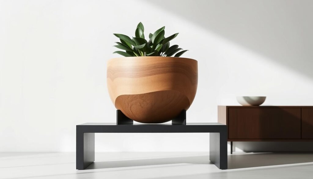 A minimalist, contemporary indoor planter design made of natural materials like wood, ceramic, or metal. The planter is elevated on a sleek, geometric stand or pedestal, creating a striking visual contrast. The planter features clean lines, gentle curves, and a neutral color palette that seamlessly integrates into modern home decor. Soft, diffused lighting from above highlights the textural details and casts subtle shadows, lending an air of sophistication. The composition is balanced, with the planter situated within an uncluttered, airy setting to showcase its elegant form.