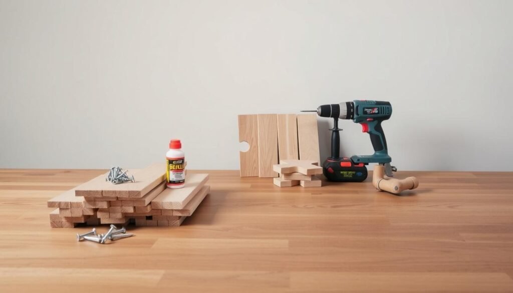 A minimalist still life arrangement showcasing the essential materials for building a puzzle coffee table. In the foreground, a selection of wood planks, screws, and wood glue sit atop a smooth, polished wooden surface. In the middle ground, a jigsaw and a power drill rest next to a stack of interlocking wooden puzzle pieces. The background features a plain, neutral-toned wall, allowing the tools and materials to take center stage. The lighting is soft and even, creating a sense of clarity and focus on the subject. The overall mood is one of simplicity, functionality, and the promise of a DIY project well-executed.