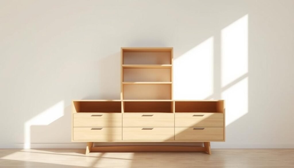 A modern and minimalist dresser with multiple open shelves, positioned in a well-lit, airy studio setting. The dresser is made of light-colored wood, with clean lines and a sleek, rectangular design. The shelves are arranged in a symmetrical, staggered pattern, creating visual interest and providing ample storage space. Soft, natural lighting from large windows illuminates the scene, casting gentle shadows and highlights on the dresser's surfaces. The background is a simple, neutral-toned wall, allowing the dresser to take center stage. The overall mood is one of understated elegance and functional minimalism.